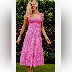 Lilly Pulitzer Jilly Smocked Midi Dress Aura Pink Check You Out, XL